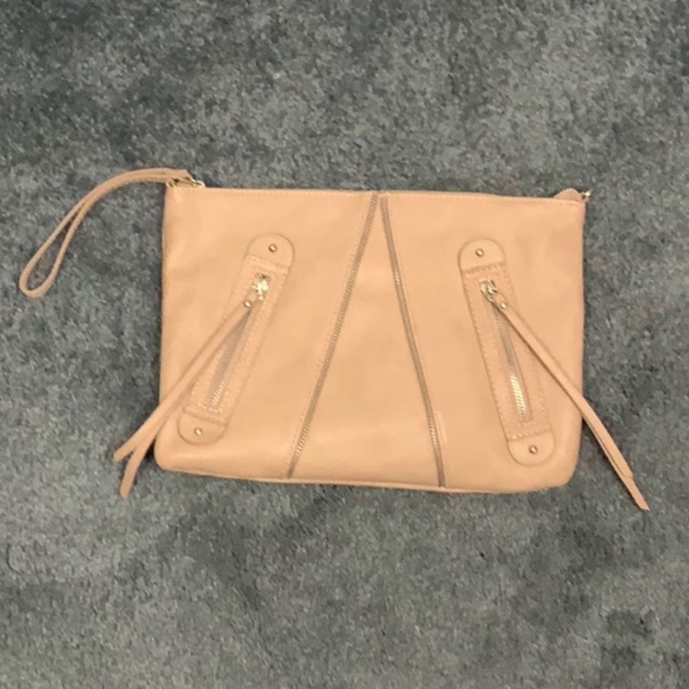 LP Blue Dusty Rose Clutch. Zippered outside pockets.